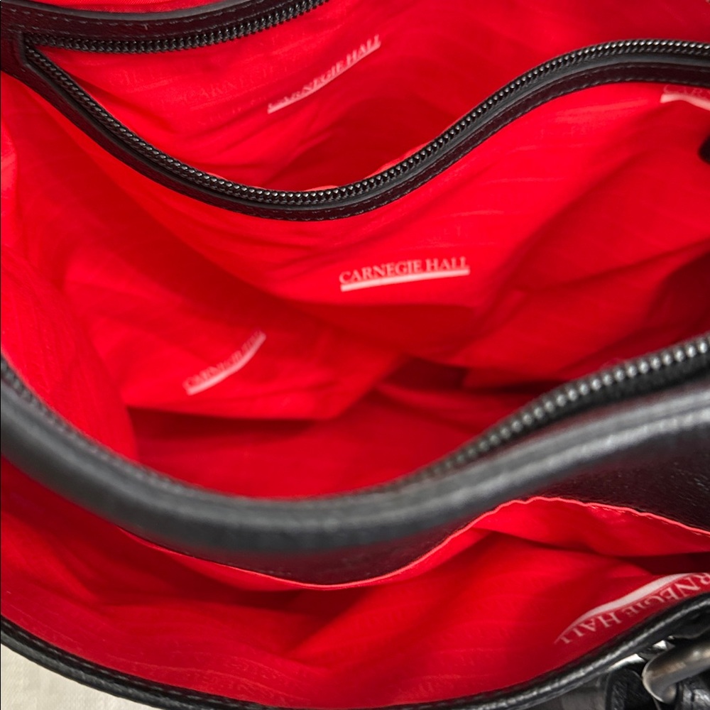 Carnegie Hall Black Leather Tote Bag with Red Logo-fits a computer or laptop. - Picture 3 of 10